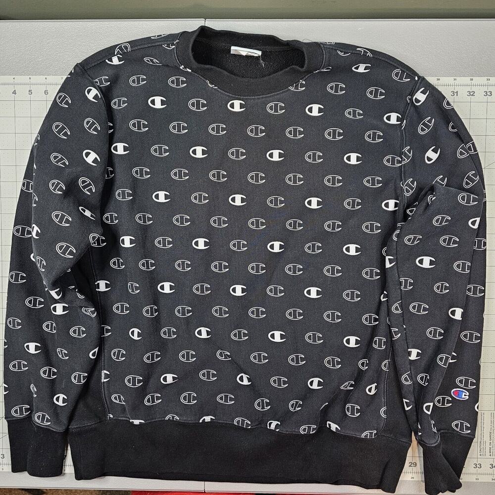 Champion Sweatshirt Mens XL Reverse Weave All Over Print Black Y2K Streetwear